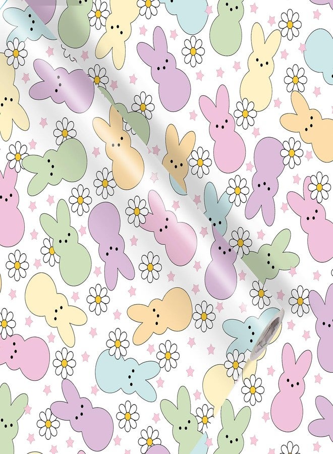 Fabllewavi 1 Roll Easter Peeps Bunny Wrapping Paper Mini Roll - 17in x 32.8Ft Pastel Retro Rabbit Daisy Gift Wrap Paper for Easter DIY Crafts Spring Party Supplies - Image 1
