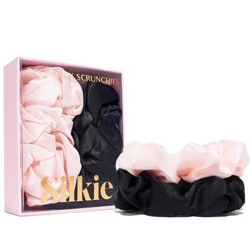 SILKIE x2 Set 100% Pure Mulberry Silk Pink Black Large Oversized Scrunchies Silk Travel Pouch Hair Ties Elastics Hair Care Premium Ponytail Holder No Damage (Classic) - Image 1