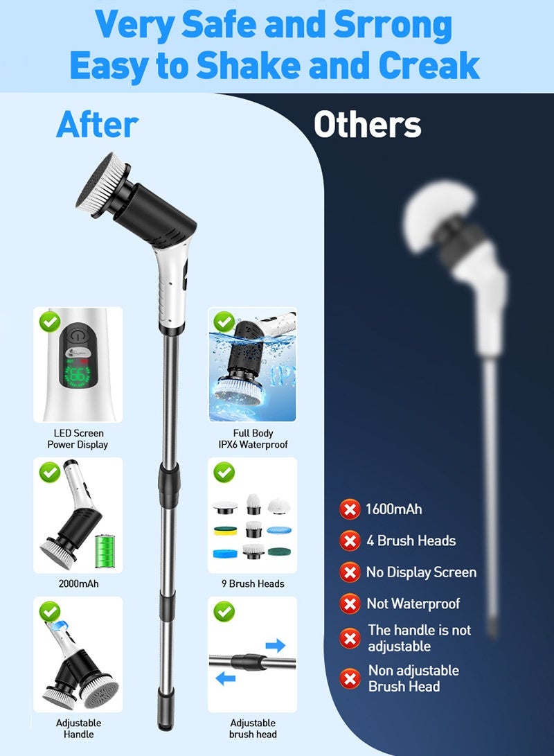 2025 Urgrade Electric Spin Scrubber, IPX7 Waterproof Cordless Shower Scrubber with 9 Scrub Brush, 2 Speed with Adjustable Extension Handle, Battery Level Display, Power Scrubber for Bathroom Kitchen Bathtub Tile Floor - Image 5