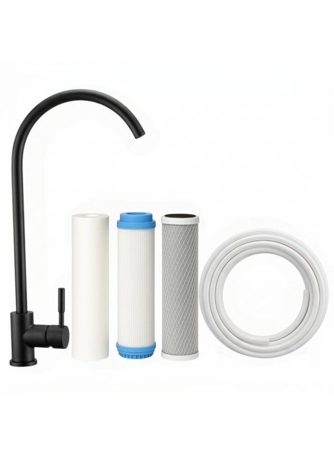3-stage water filter cartridge set with black hand mixer tap and 5-meter hose, high-performance filter cartridges