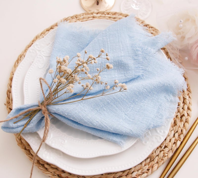 JINVASE Fall Cloth Napkins with Fringe Set of 12,100% Soft Cotton, Gauze Washable Easter Napkins for Wedding Decorative Dinner Parties,(16''*16'') Light Blue - Image 4