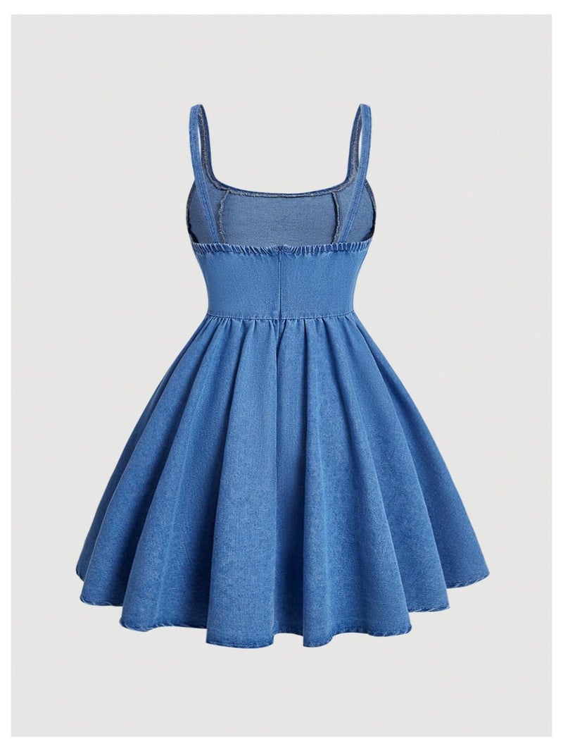 WDIRARA Women's Casual Square Neck Denim Dress Ruffle Hem A Line Mini Dress Blue Small - Image 4