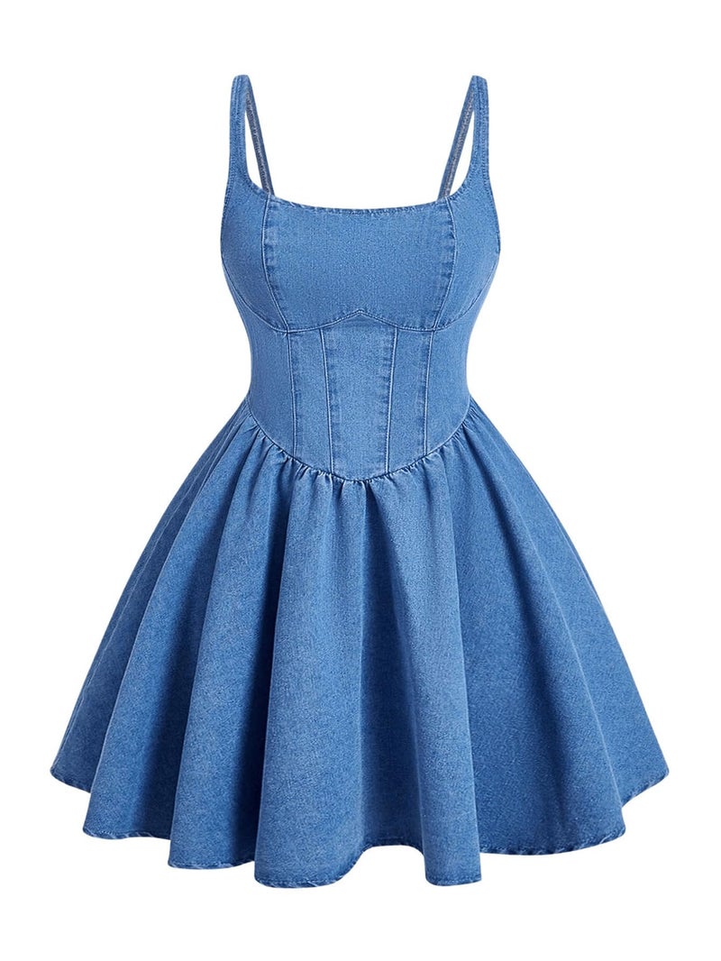 WDIRARA Women's Casual Square Neck Denim Dress Ruffle Hem A Line Mini Dress Blue Small - Image 1