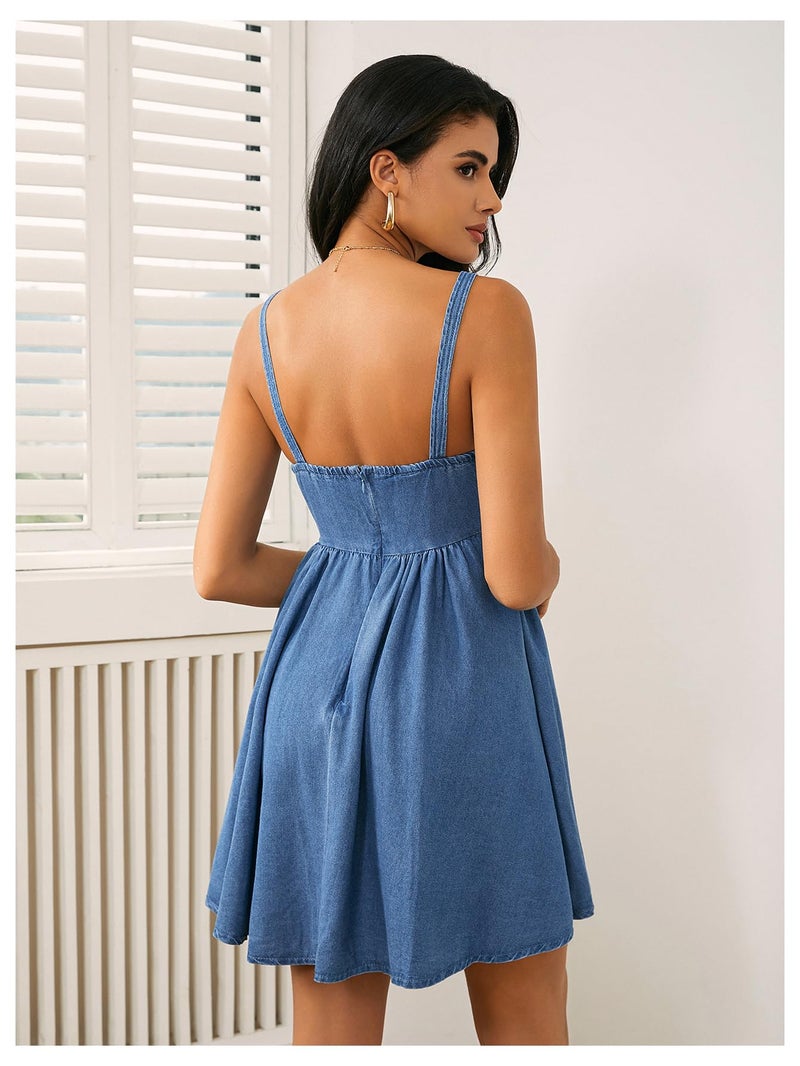 WDIRARA Women's Casual Square Neck Denim Dress Ruffle Hem A Line Mini Dress Blue Small - Image 3