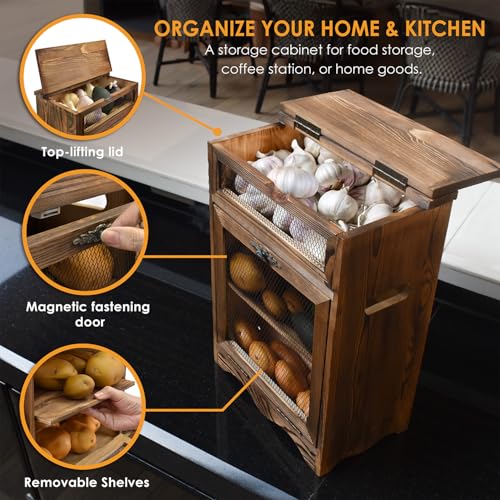 Ikee Design Free Assemble Wooden Countertop Potato and Onion Storage Bin Box,Countertop Cabinet, Wooden Bread Boxes, Potato Storage, Coffee Station, 11.8W x 6.8D x 16H in, Rustic Color - Image 3