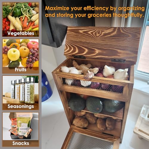 Ikee Design Free Assemble Wooden Countertop Potato and Onion Storage Bin Box,Countertop Cabinet, Wooden Bread Boxes, Potato Storage, Coffee Station, 11.8W x 6.8D x 16H in, Rustic Color - Image 5