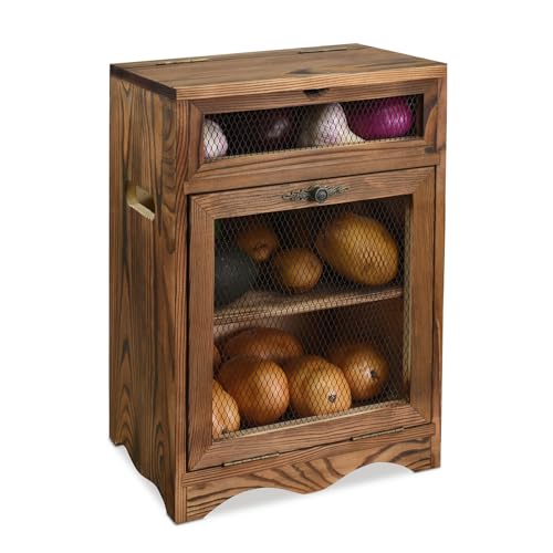 Ikee Design Free Assemble Wooden Countertop Potato and Onion Storage Bin Box,Countertop Cabinet, Wooden Bread Boxes, Potato Storage, Coffee Station, 11.8W x 6.8D x 16H in, Rustic Color - Image 1
