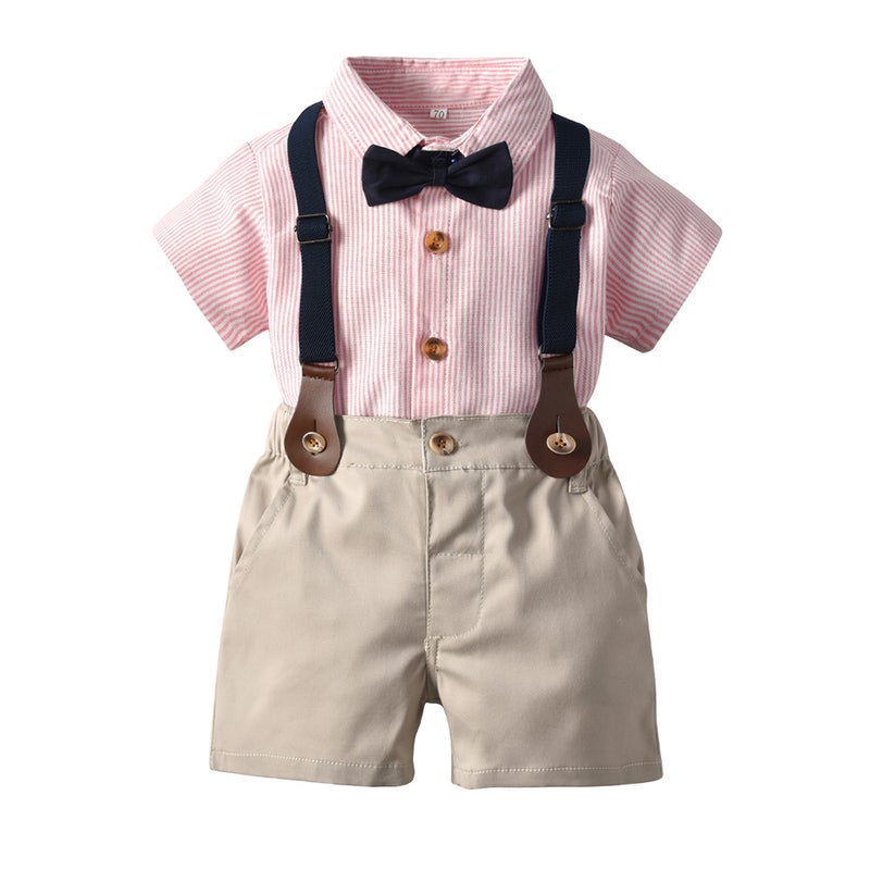 1688 Boys Two-Piece Children Gentleman Suit Lapel Short Sleeve Suspenders Graduation Ceremony - Image 1