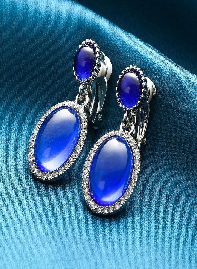 YINLI Classic Crystal Dangle Clip on Earrings Halo Drop Earrings for Women (Blue) - Image 2