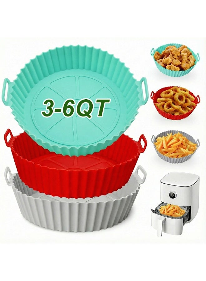 FLUXHOM 3 Pack Air Fryer Silicone Liners Air Fryer Silicone Pot Round Food Safe Non Stick Air Fryer Basket Accessories Reusable Replacement of Flammable Parchment Liner Paper for 3 to 6 QT Air Fryer, Oven & Microwave(Green & Red & Grey, 9.45×7.48×2.36inchs) - Image 1