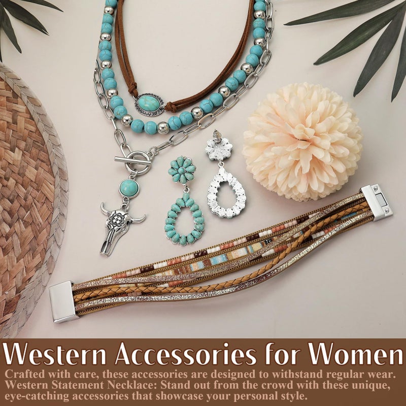 RechicGu Western Jewelry For Women Bohemian Turquoise Dangle Earrings Necklace Bracelet Set, Bullhead Pendant Layered Choker Boho Faux Leather Wristband Country Concert Cowgirl Accessories A - Image 3