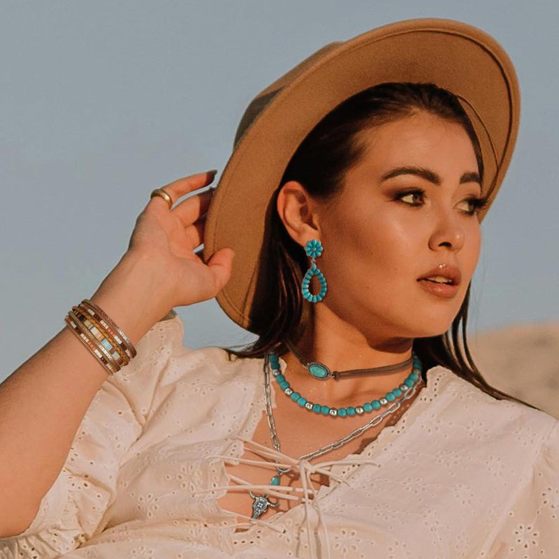 RechicGu Western Jewelry For Women Bohemian Turquoise Dangle Earrings Necklace Bracelet Set, Bullhead Pendant Layered Choker Boho Faux Leather Wristband Country Concert Cowgirl Accessories A - Image 5