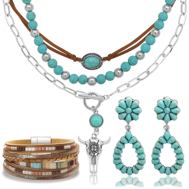 RechicGu Western Jewelry For Women Bohemian Turquoise Dangle Earrings Necklace Bracelet Set, Bullhead Pendant Layered Choker Boho Faux Leather Wristband Country Concert Cowgirl Accessories A - Image 1