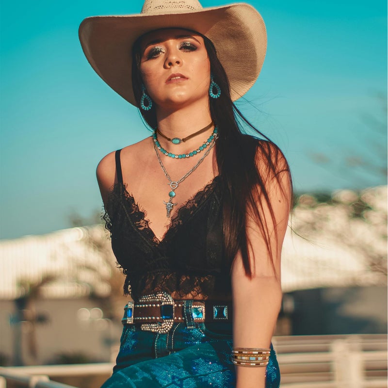 RechicGu Western Jewelry For Women Bohemian Turquoise Dangle Earrings Necklace Bracelet Set, Bullhead Pendant Layered Choker Boho Faux Leather Wristband Country Concert Cowgirl Accessories A - Image 4