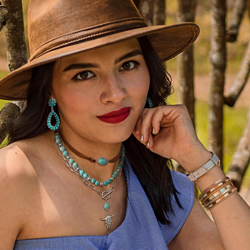 RechicGu Western Jewelry For Women Bohemian Turquoise Dangle Earrings Necklace Bracelet Set, Bullhead Pendant Layered Choker Boho Faux Leather Wristband Country Concert Cowgirl Accessories A - Image 2