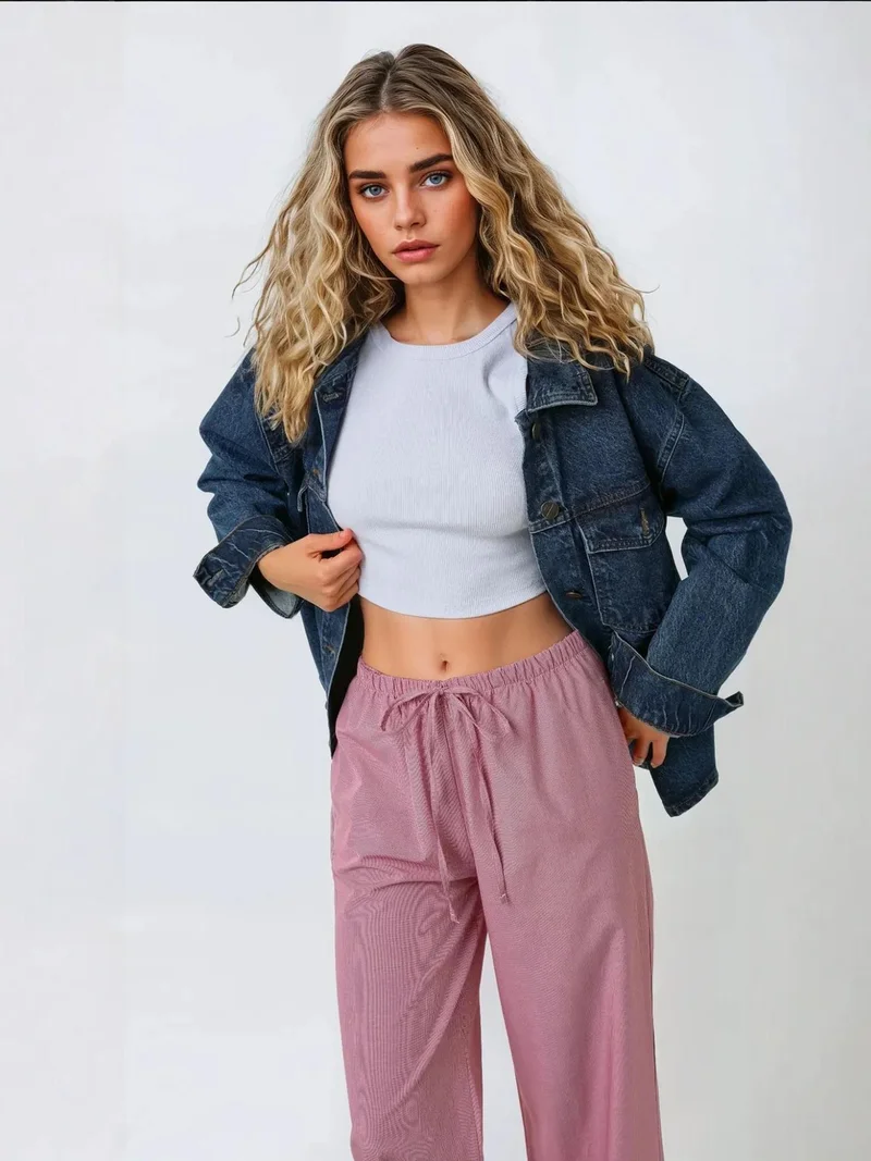 زوبعة بنطلون قطني واسع الساق بنقشة مربعات