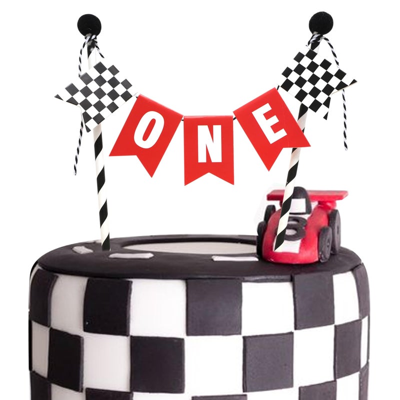 ZZDCMS Race Car One Cake Topper - Fast One Birthday Party Decorations  Boys 1st Birthday Cake Topper  Fast One Black And White Checkered Flag Decor  Racing Theme Party Supplies - Image 1