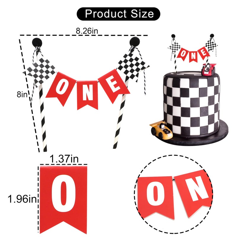 ZZDCMS Race Car One Cake Topper - Fast One Birthday Party Decorations  Boys 1st Birthday Cake Topper  Fast One Black And White Checkered Flag Decor  Racing Theme Party Supplies - Image 2
