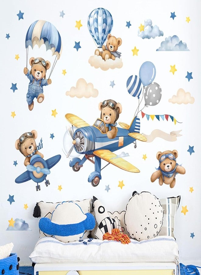DREAM DECALS ملصقات جدارية من دريم ديكالز: طائرة مع حيوانات، منطاد هواء ساخن، دب، غيوم، ديكور جداري لغرف الأطفال الرضع، غرف نوم الأولاد، غرف المعيشة - ذاتية اللصق - Image 3