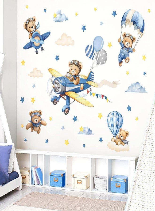 DREAM DECALS ملصقات جدارية من دريم ديكالز: طائرة مع حيوانات، منطاد هواء ساخن، دب، غيوم، ديكور جداري لغرف الأطفال الرضع، غرف نوم الأولاد، غرف المعيشة - ذاتية اللصق - Image 4
