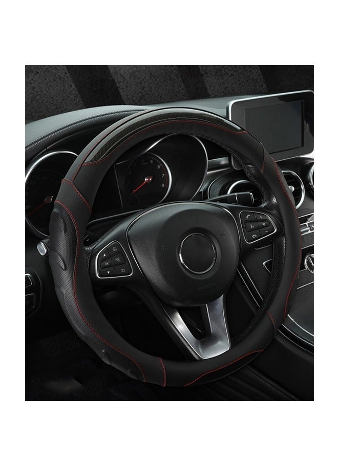 Carbon Fiber Leather Steering Wheel Cover, Breathable Non-Slip Steering Wheel Cover, 15-Inch All-Season Steering Wheel Cover (Black with Red Line) - Image 2