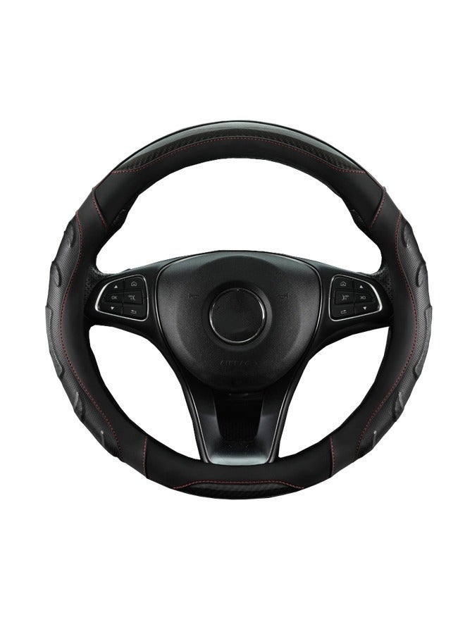 Carbon Fiber Leather Steering Wheel Cover, Breathable Non-Slip Steering Wheel Cover, 15-Inch All-Season Steering Wheel Cover (Black with Red Line) - Image 1