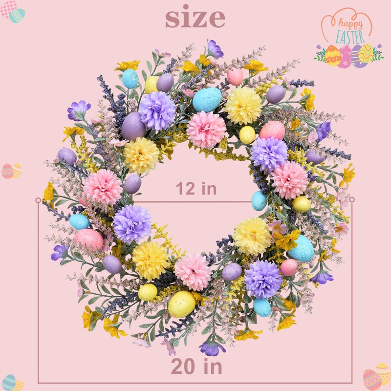zjlmit Artificial Easter Wreath 20 Inch Easter Wreaths for Front Door with Colorful Eggs Yellow Daisy Purple Lavender and Green Leaves Egg Wreath for Porch Window Farmhouse and Party Decoration - Image 4