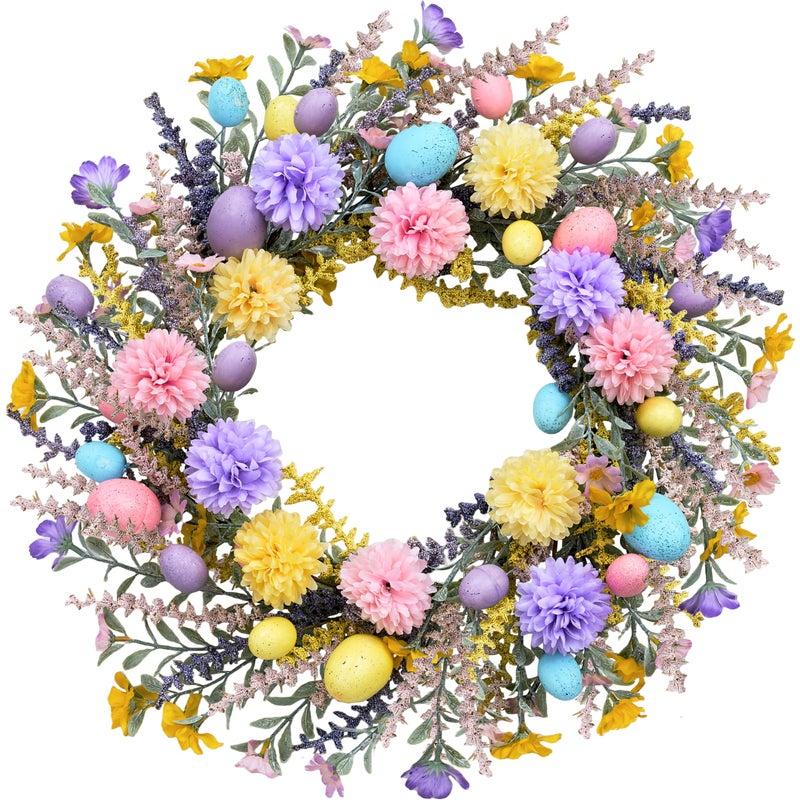 zjlmit Artificial Easter Wreath 20 Inch Easter Wreaths for Front Door with Colorful Eggs Yellow Daisy Purple Lavender and Green Leaves Egg Wreath for Porch Window Farmhouse and Party Decoration - Image 1