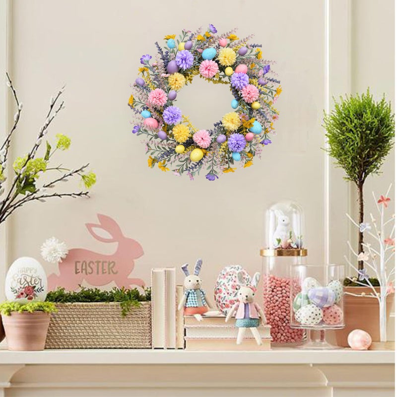 zjlmit Artificial Easter Wreath 20 Inch Easter Wreaths for Front Door with Colorful Eggs Yellow Daisy Purple Lavender and Green Leaves Egg Wreath for Porch Window Farmhouse and Party Decoration - Image 2