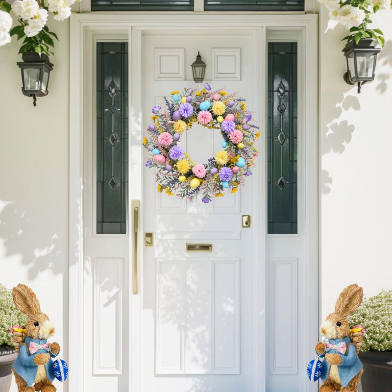 zjlmit Artificial Easter Wreath 20 Inch Easter Wreaths for Front Door with Colorful Eggs Yellow Daisy Purple Lavender and Green Leaves Egg Wreath for Porch Window Farmhouse and Party Decoration - Image 3