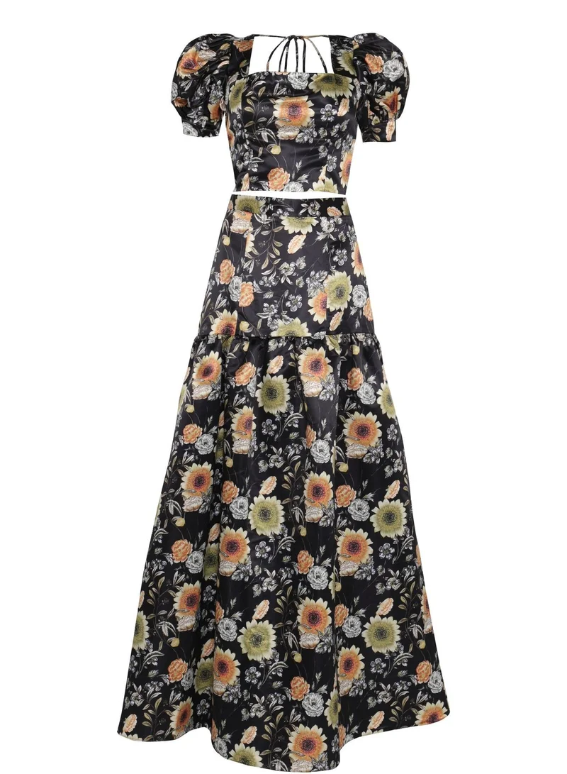True Decadence  Polly Co-Ord Black-Mustard-Flower High-Waisted Tiered Maxi-Skirt for Women | Best Price UAE