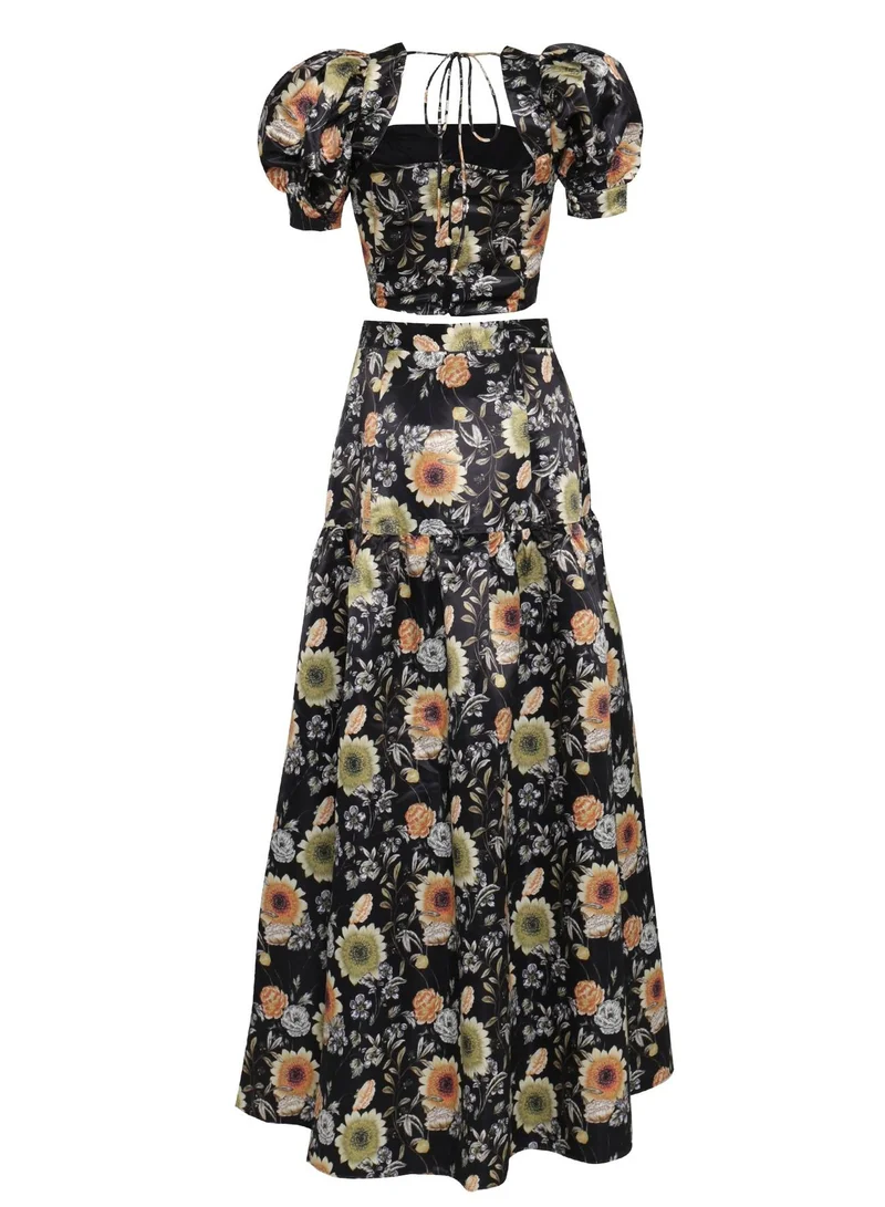 True Decadence  Polly Co-Ord Black-Mustard-Flower High-Waisted Tiered Maxi-Skirt for Women | Best Price UAE