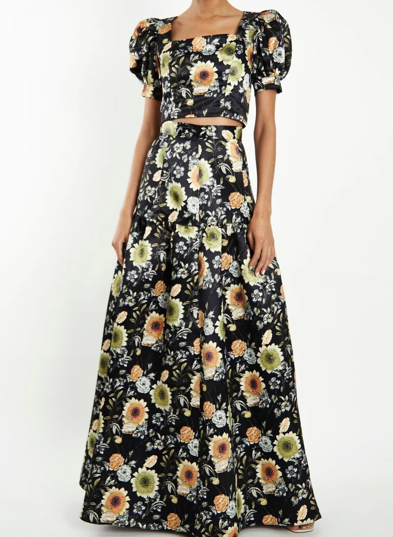 Polly Co-Ord Black-Mustard-Flower High-Waisted Tiered Maxi-Skirt