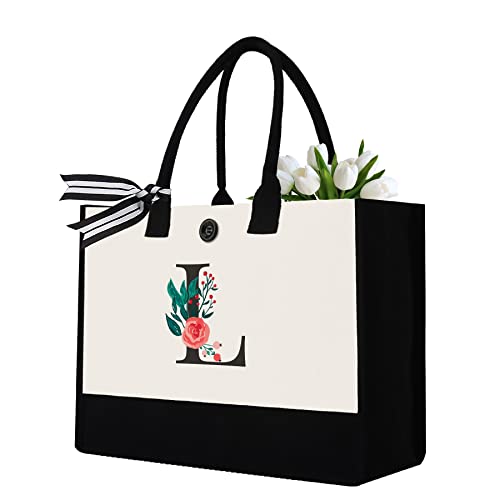 Binggemen Initial Canvas Tote Bag, Personalized Birthday Gifts for Women Mom Friends Teachers, Monogrammed Tote Bags Suitable for Mother's Day Wedding Beach (Letter L) - Image 1