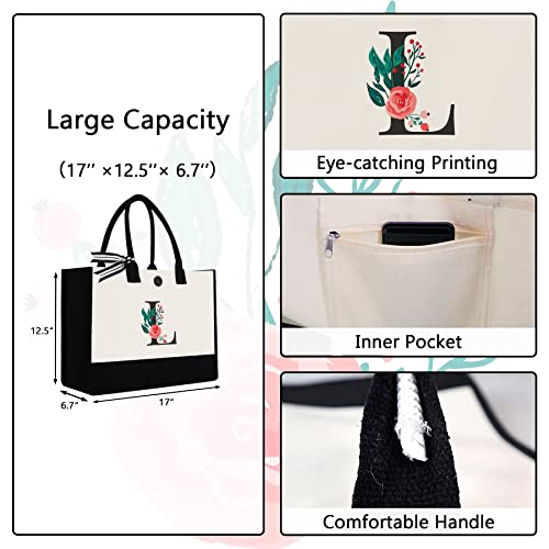 Binggemen Initial Canvas Tote Bag, Personalized Birthday Gifts for Women Mom Friends Teachers, Monogrammed Tote Bags Suitable for Mother's Day Wedding Beach (Letter L) - Image 2