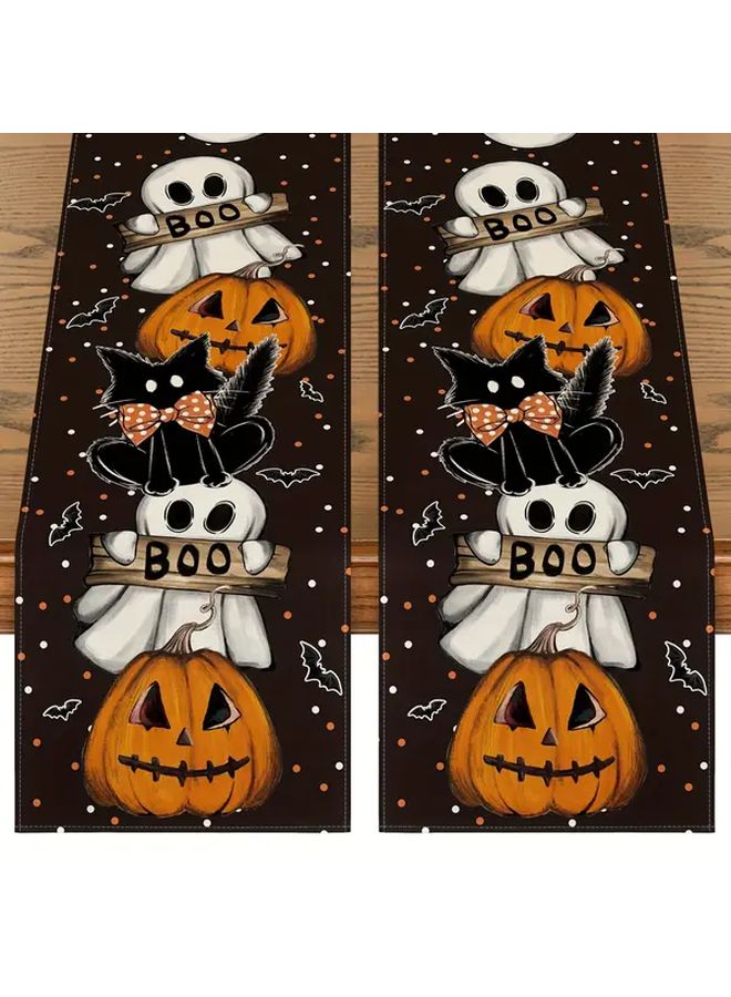 Spooky Ghosts Pumpkins Bats Halloween Tablecloth Set 2PCS Style B Black Orange Polyester 13x47 Inches - Image 1
