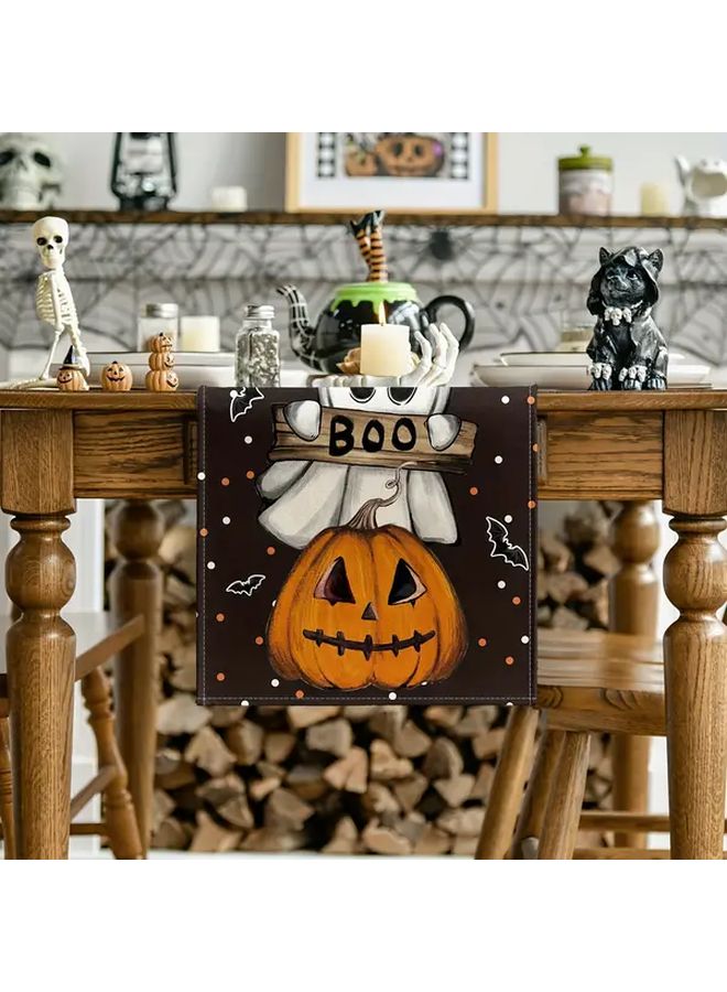 Spooky Ghosts Pumpkins Bats Halloween Tablecloth Set 2PCS Style B Black Orange Polyester 13x47 Inches - Image 2