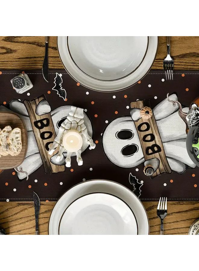 Spooky Ghosts Pumpkins Bats Halloween Tablecloth Set 2PCS Style B Black Orange Polyester 13x47 Inches - Image 4
