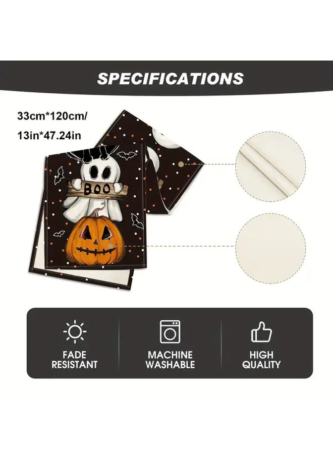 Spooky Ghosts Pumpkins Bats Halloween Tablecloth Set 2PCS Style B Black Orange Polyester 13x47 Inches - Image 3