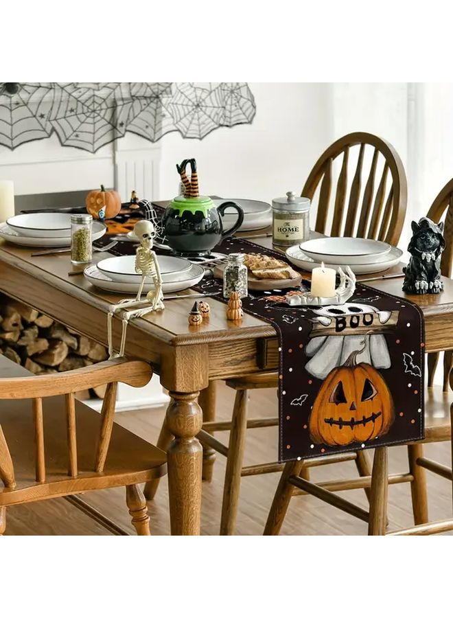 Spooky Ghosts Pumpkins Bats Halloween Tablecloth Set 2PCS Style B Black Orange Polyester 13x47 Inches - Image 5