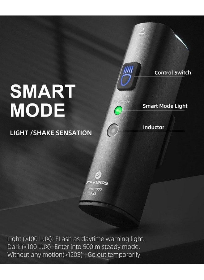 Rockbros Bike Light Super Bright 1000 Lumen 5 Mode Led Bike Light Usb Rechargeable Bike Headlight Aluminium Alloy Ipx6 Waterproof Front Bike Light With Power&Smart Mode Display For Night Riding  - Image 5