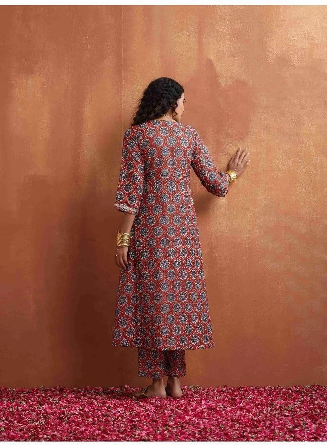 trueBrowns Rust Ajrak Print Slit Kurta Set