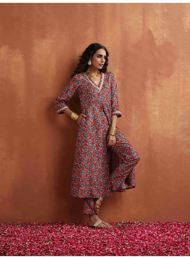 trueBrowns Rust Ajrak Print Slit Kurta Set