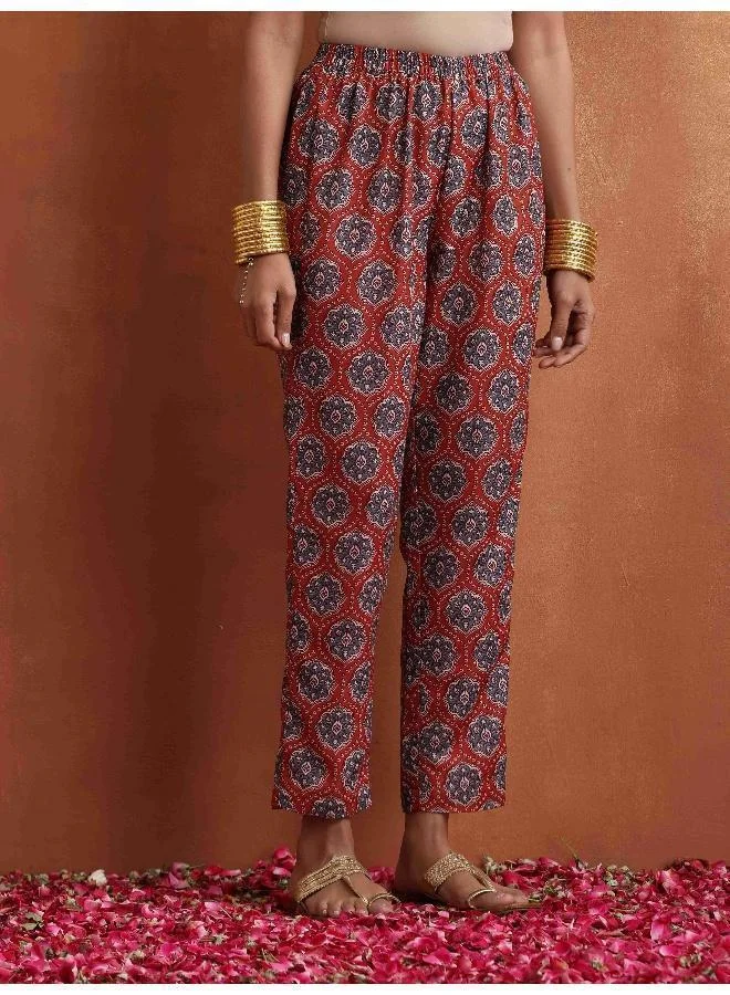 trueBrowns Rust Ajrak Print Slit Kurta Set