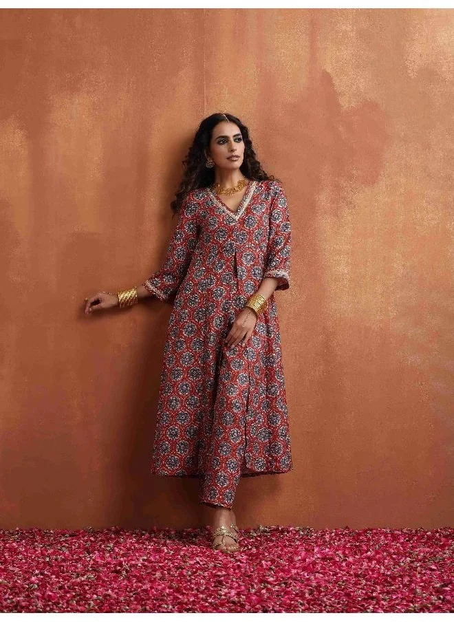 ترو برونز trueBrowns Rust Ajrak Print Slit Kurta Set