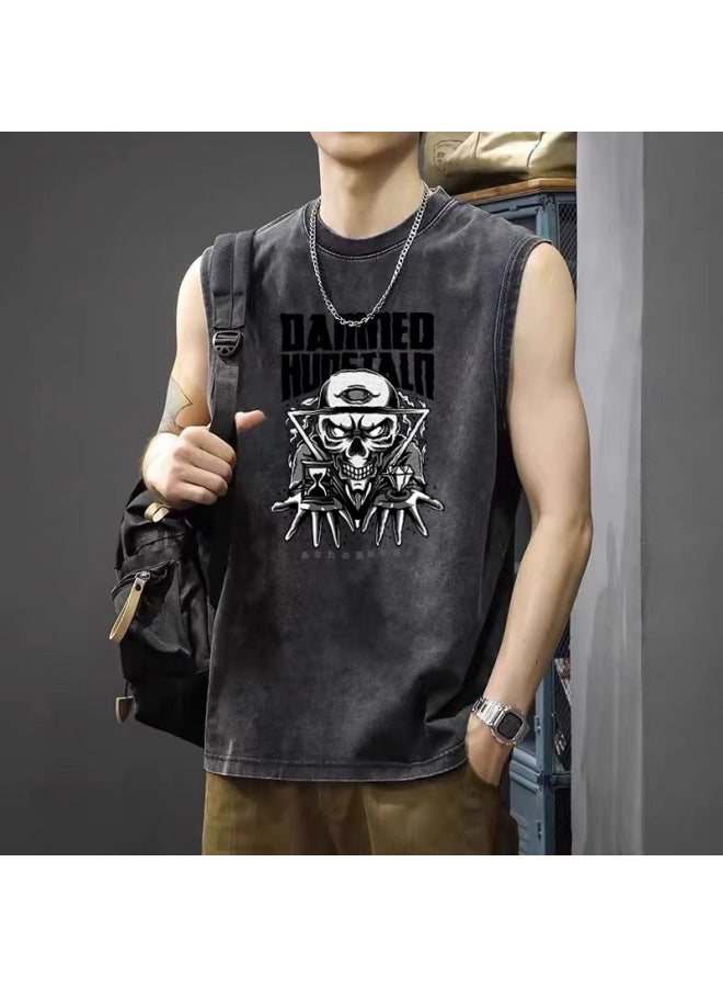 Oversized Loose Fit Pure Cotton Men's T-shirt Vintage Distressed Print Tank Top Men's Summer Heavyweight Pure Cotton Loose Sleeveless T-shirt