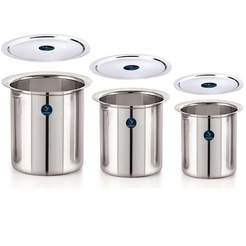 WIAA Stainless Steel Deep Gunj for Boiling Milk & Water | Set of 3 Flat Bottom Milk Pot Boilers | 1L, 1.3L, 1.7L | Long Tapeli Milk Pot Vessel with Lid - Image 1