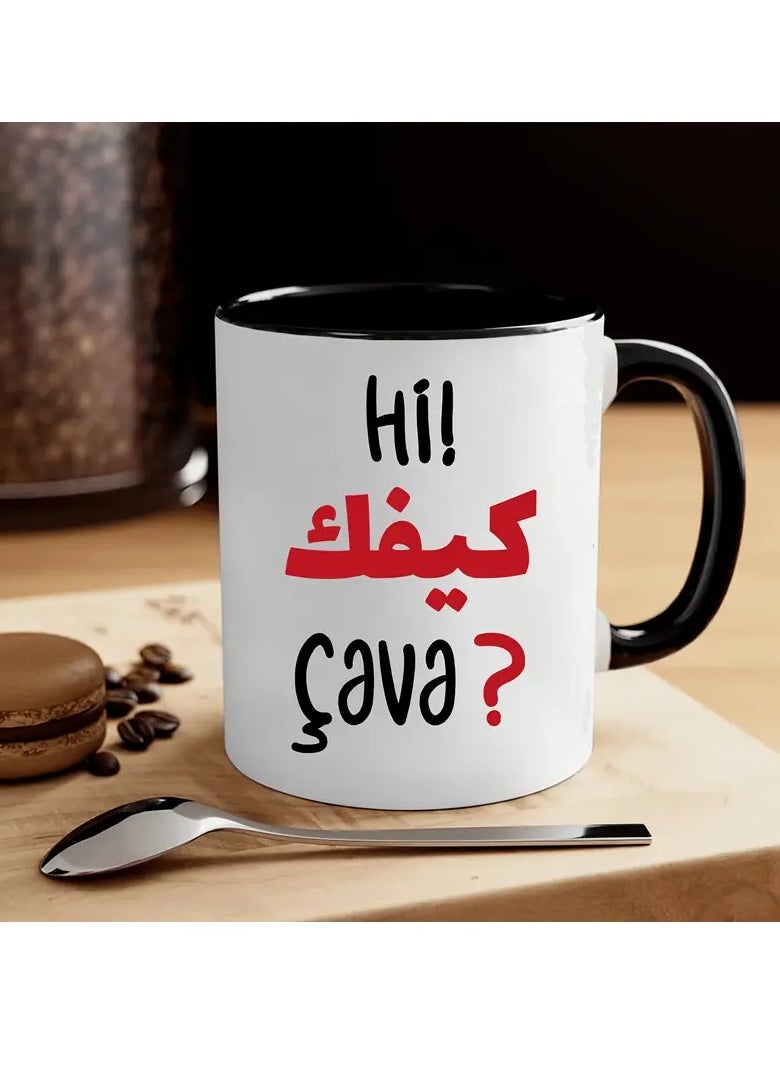 RYN 11oz Ceramic Coffee Mug with Multilingual Greeting - 'Hi! How Are You?' in Arabic and French, Unique Multilingual Cup, Ideal Gift for Coffee Lovers, Office Humor BLACK  - Image 2