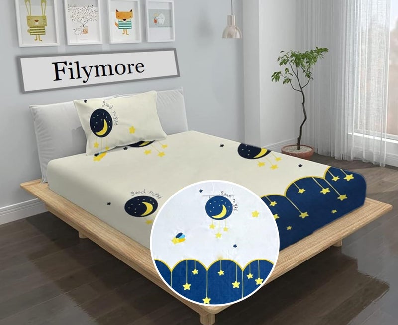 Filymore Cute Good Night 3-Piece Kids Bedding Set – Single Bed Comforter, Matching Bedsheet & Pillow Cover – Soft (Blue and Cream) Design for Children’s Room(90X60) inch - Image 3