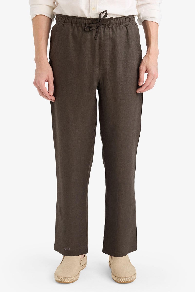 DeFacto Brown Man Linen Trousers Casual - Image 3